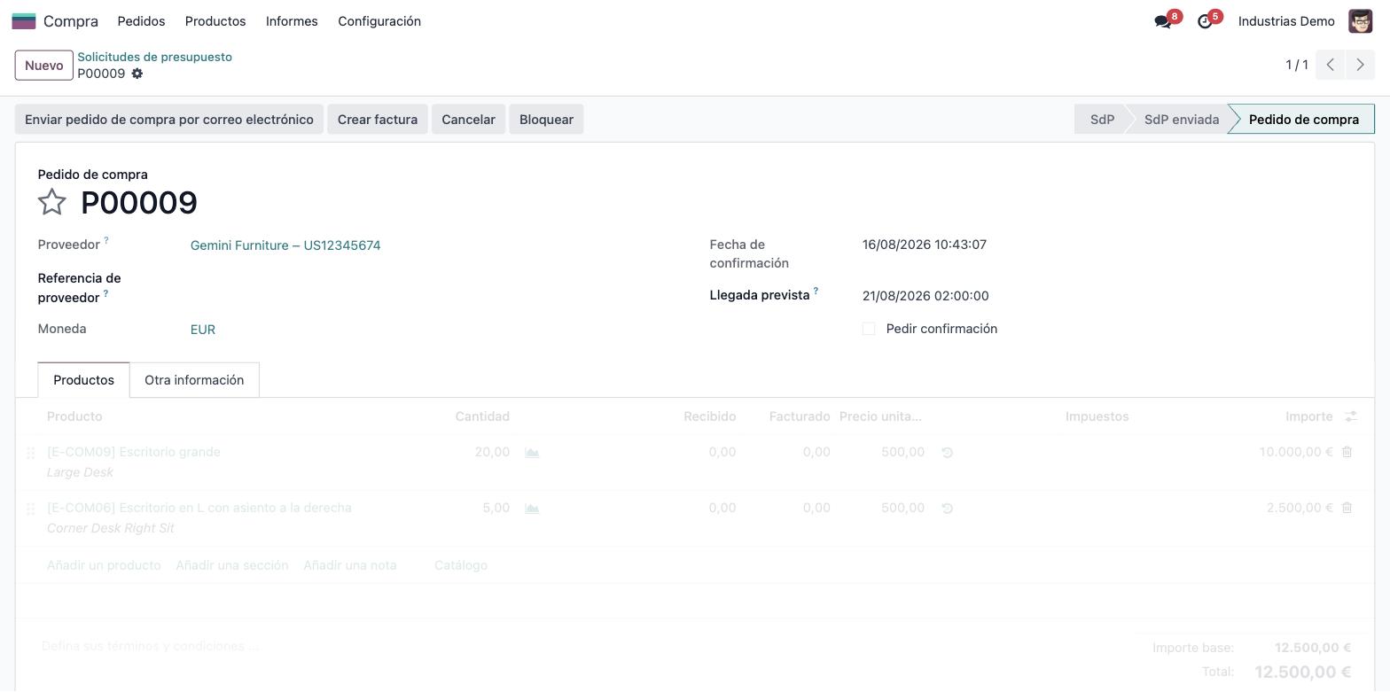 Captura de Odoo — pedido de compra