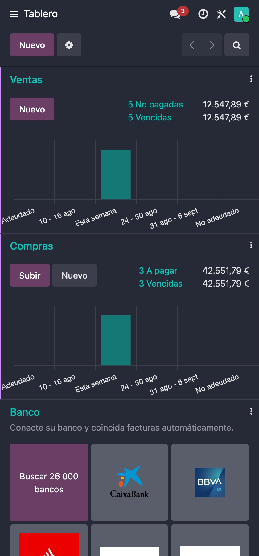 Tablero de contabilidad de Odoo (ventas, compras y banco) en el móvil
