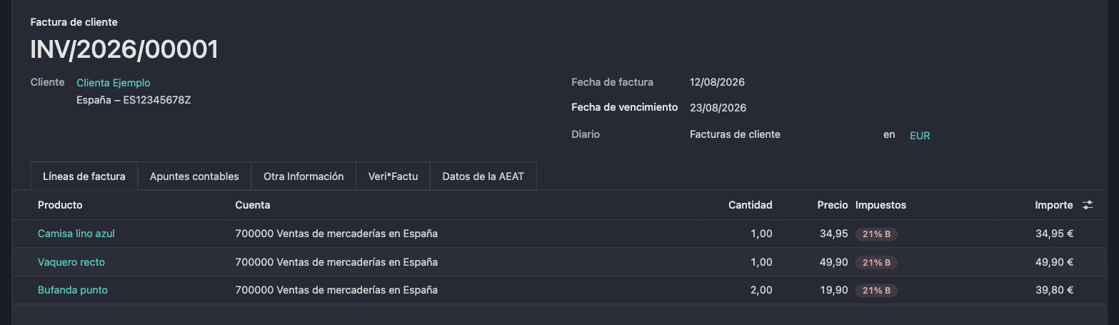 Factura de cliente en Odoo con IVA español y las pestañas Veri*Factu y Datos de la AEAT