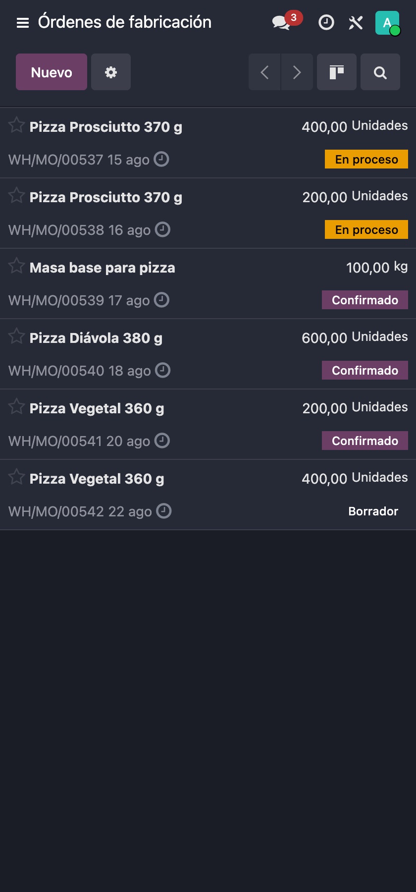 Órdenes de fabricación de Odoo, con sus estados, abiertas en el móvil del taller