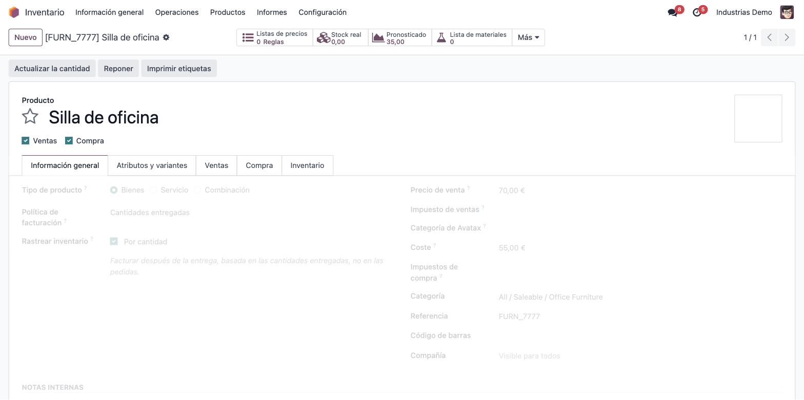 Captura de Odoo — ficha de producto