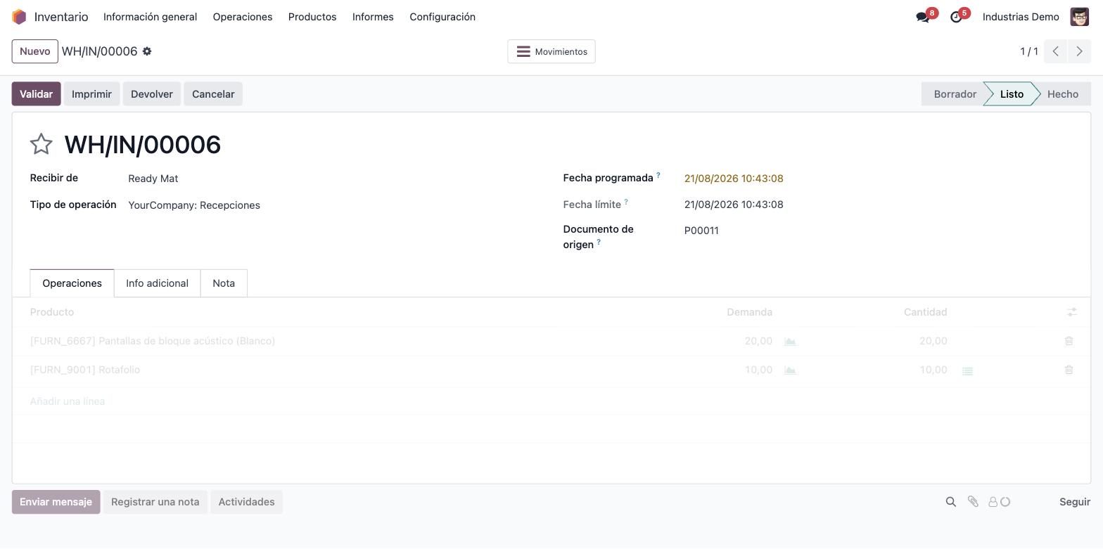 Captura de Odoo — recepción de mercancía