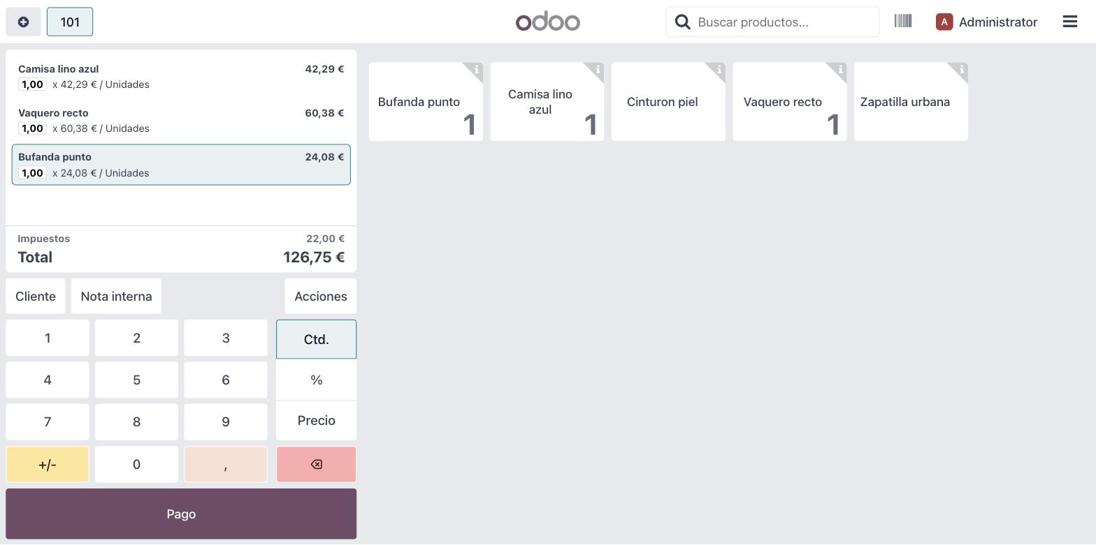 Terminal de punto de venta de Odoo con una venta en curso y su total