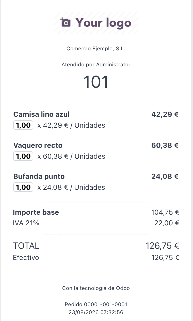 Ticket de venta emitido desde el TPV de Odoo, visto en el móvil
