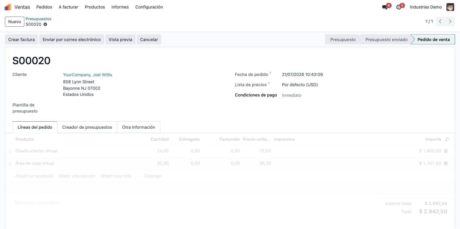 Captura de Odoo — pedido de venta