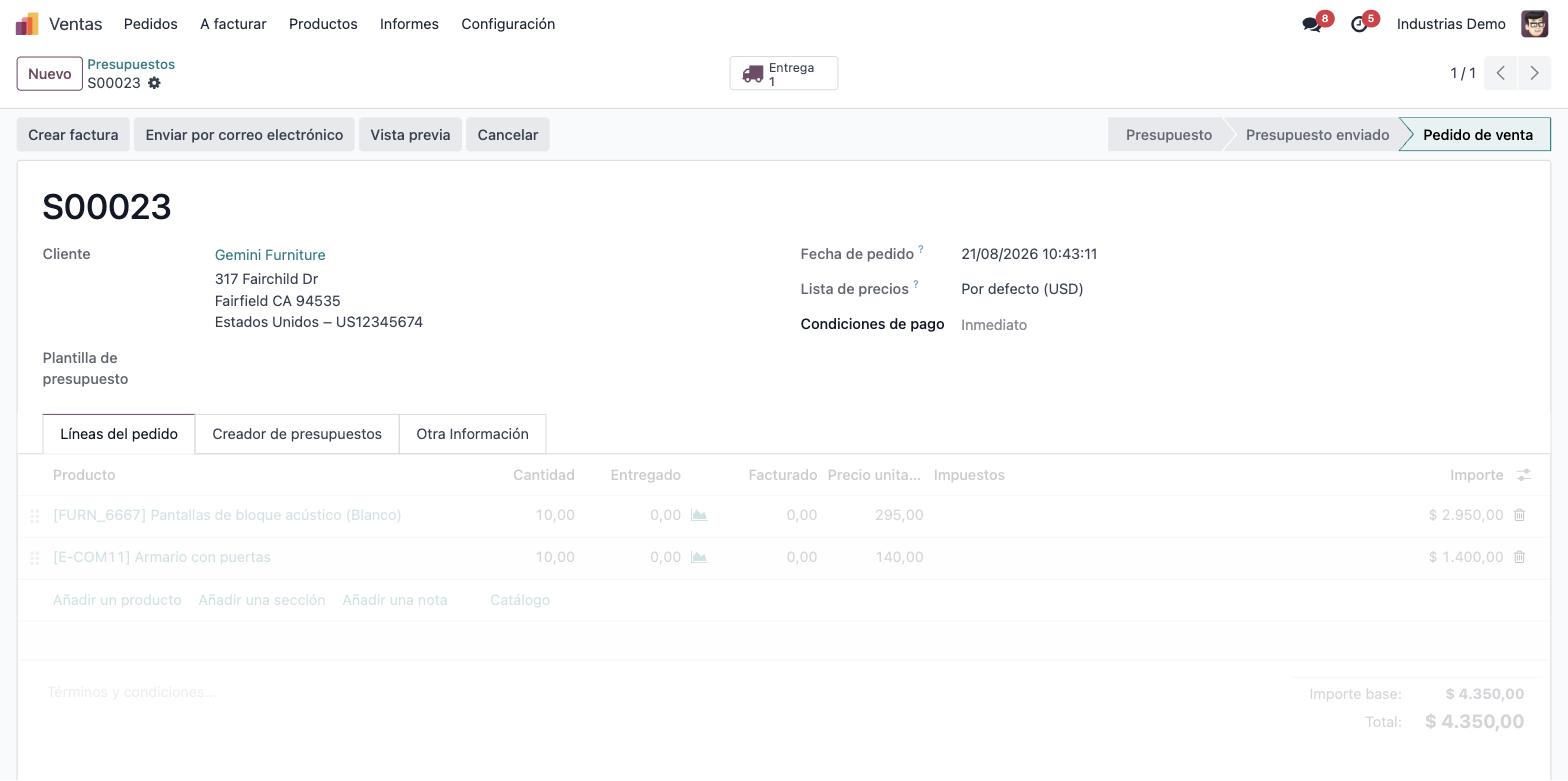 Captura de Odoo — presupuesto en Ventas