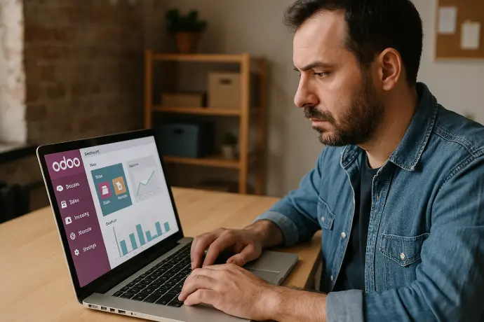 Representa la plataforma Odoo como una solución centralizada para autónomos, destacando la facilidad de gestión de ventas, clientes, inventario y finanzas.